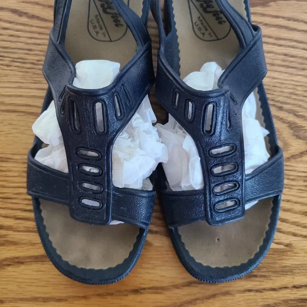 Vintage Women's Happy Feet Navy T-Strap Sandals Size 24 CM ~7 US Made Corona, CA